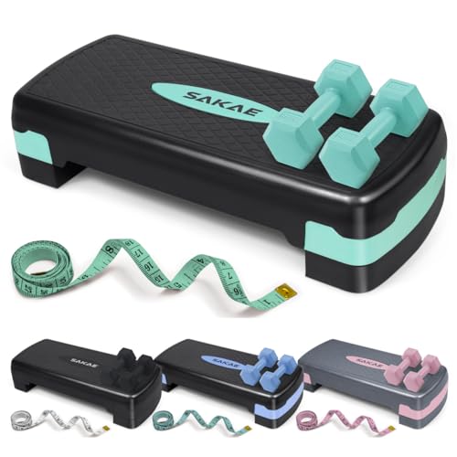 SAKAE Step Aerobics Platform Set with Dumbbells & Measuring Tape, Aerobic Steppers for Exercise at Home, Adjustable Height 2 Level Risers Workout Step Trainer with Non-Slip Surface, Multiple Colors - color: Green Black