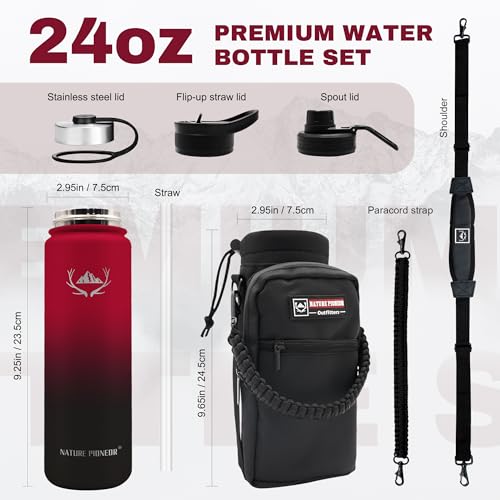 NATURE PIONEOR 24 oz Insulated Water Bottle with Carrier Bag & 3 Lids - color: Red Black, size: 24 Ounces
