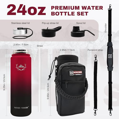 NATURE PIONEOR 24 oz Insulated Water Bottle with Carrier Bag & 3 Lids - color: Red Black, size: 24 Ounces