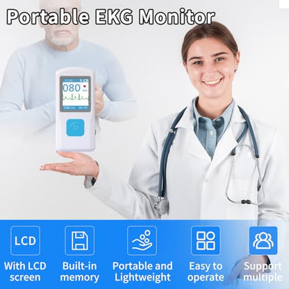 EKG Monitor Device, Personal Heart Rate Monitor with LCD Screen and Storage, Portable ECG Monitor Compatible with PC and Smartphone, Instant Results in 30 Seconds