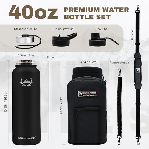 NATURE PIONEOR 40 oz Insulated Water Bottle with Carrier Bag & 3 Lids - color: Black, size: 40 Ounces
