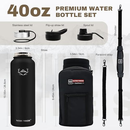 NATURE PIONEOR 40 oz Insulated Water Bottle with Carrier Bag & 3 Lids - color: Black, size: 40 Ounces
