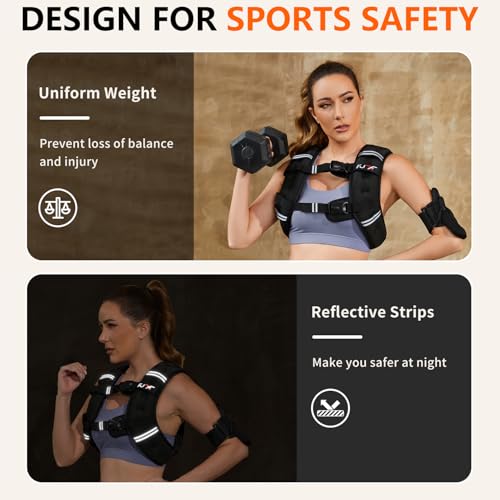 FUFF Weighted Vest Woman, 20 LB Womens Weight Vest for Walking, Strength Training Weight Vests for Female Men, Reflective Stripe Fitness Body Vest for Workout Running Jogging (Black)