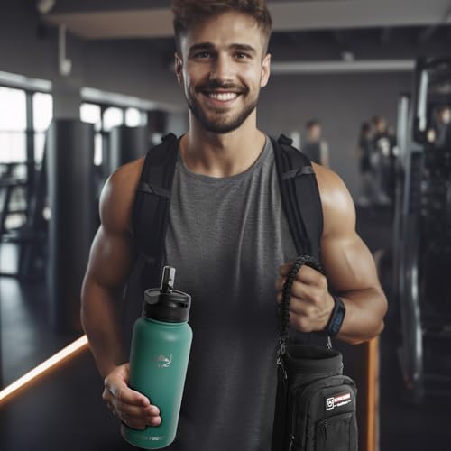 NATURE PIONEOR 32 oz Insulated Water Bottle with Carrier Bag & 3 Lids - color: Pine Green, size: 32 Ounces