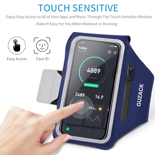 GUZACK Running Armband with Key Pockets & Card Slot, Up to 6.9", Medium - color: Navy Blue (Up to 6.9"), size: M