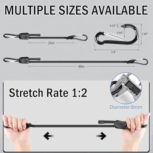 Adjustable Bungee Cords with Hooks 24 Inch, 8 Pcs Adjust from 7" to 24" Carabiner Bungee Cords Heavy Duty Outdoor for Camping, Cargo, Bike,Tarps, Tents, Bike, Luggage, Boats,etc - size: 24 inches