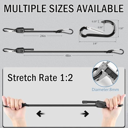 Adjustable Bungee Cords with Hooks 24 Inch, 8 Pcs Adjust from 7" to 24" Carabiner Bungee Cords Heavy Duty Outdoor for Camping, Cargo, Bike,Tarps, Tents, Bike, Luggage, Boats,etc - size: 24 inches