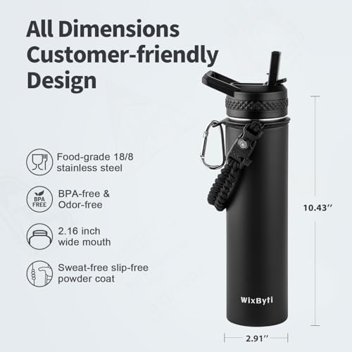 WixByti 24 oz Insulated Water Bottle with Straw, Stainless Steel Water Jug - color: Black, size: 24 Ounces