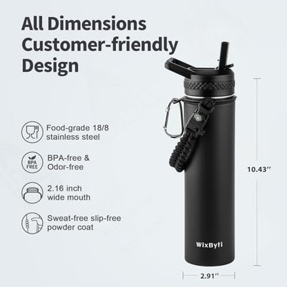 WixByti 24 oz Insulated Water Bottle with Straw, Stainless Steel Water Jug - color: Black, size: 24 Ounces