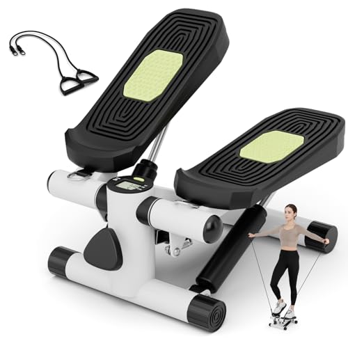Mini Stair Steppers for Exercise at Home, Hydraulic Step Climber Machine with Resistance Bands & LCD Monitor, Portable Under Desk Stepper for Full Body Cardio Workout - color: White