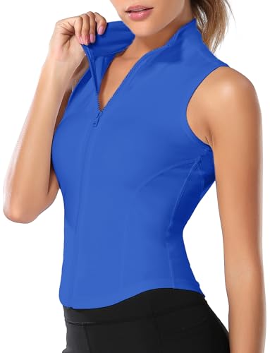 FEOYA Women Sleeveless Athletic Tank Top Shirts Full Zip Up Tshirt for Yoga Running Fitness Exercise - color: Upgrated Deep Blue, size: Small