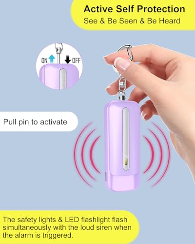 Personal Alarm for Women, Rechargeable with Safety Lights & Low Battery Notice, 130dB Siren with Extra Bright LED Flashlight Strobe Light for Emergency, Dual Light Sources Safety Keychain - color: purple