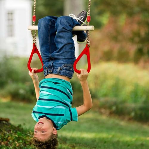 Trapeze Swing Bar with Rings, Wooden Trapeze Swing Bar for Indoor/Outdoor - color: Red