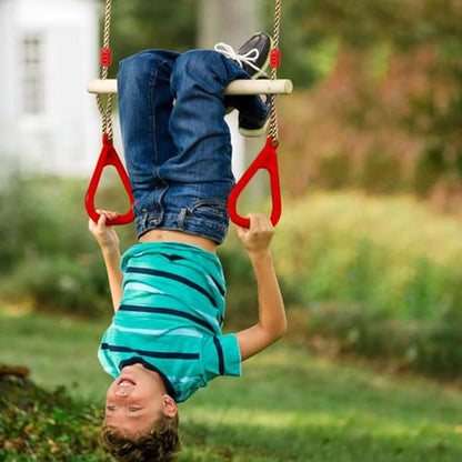 Trapeze Swing Bar with Rings, Wooden Trapeze Swing Bar for Indoor/Outdoor - color: Red