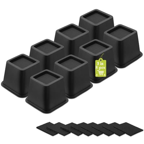 8 Pack Furniture Risers 3 Inch, Bed Risers Heavy Duty for Table Desk Couch Chair Sofa Cabinet Bed Frame Dorm, Square Table Leg Risers Lift Height 3", Black - color: Black 8 Pack, size: 3 Inch