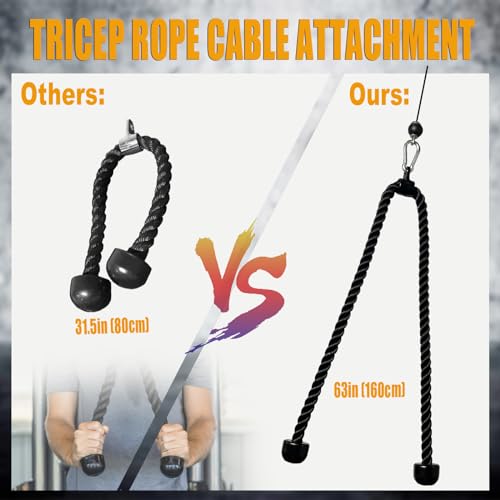 Long Tricep Rope, Rope Pull Down Attachment 47 55 63Inch Length Long, Tricep Rope Cable Attachment, Tricep Pull Down Rope for Home Gym Pulley System,Cable Machine Attachment - color: Length 63''