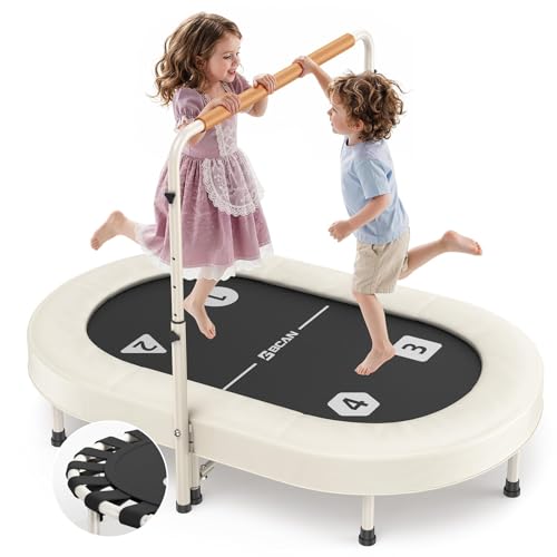 BCAN BT6 56" Double Mini Trampoline for Kids, Foldable Indoor, Handlebar - color: Beige
