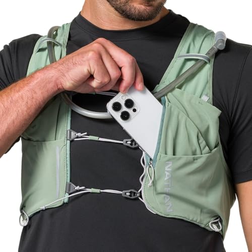 Nathan Hydration Vest 12L for Running & Hiking - Quick-Fit Adjustments, Breathable Mesh, 1.6L Insulated Bladder, Lightweight 8.8 oz, 6 Power Mesh Pockets, Diagonal Zip - Pinnacle Pro - size: Large, style: Sage Green