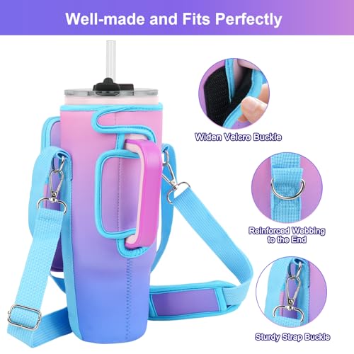LEFOR·Z Water Bottle Carrier Bag with Phone Pocket Compatible with Stanley/Meoky 40 oz Tumbler with Handle,Water Bottle Holder Pouch with Adjustable Strap Compatible with Stanley Cup Accessories - color: Deep Blue-Purple Gradient-Style B