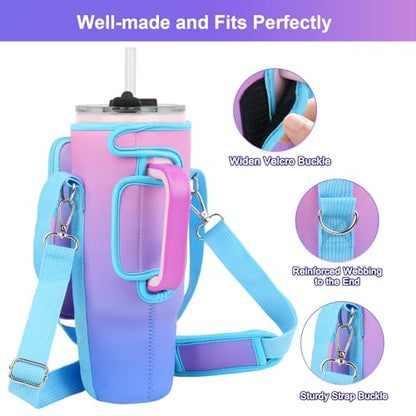 LEFOR·Z Water Bottle Carrier Bag with Phone Pocket Compatible with Stanley/Meoky 40 oz Tumbler with Handle,Water Bottle Holder Pouch with Adjustable Strap Compatible with Stanley Cup Accessories - color: Deep Blue-Purple Gradient-Style B