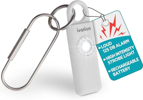 Ivation Personal Rechargeable SOS Alarm, Pocket Size Loud 130dB Sound Safety Siren & LED Panic Strobe Light with Carabiner Keychain Clip for Women, Children & Seniors, White - color: White
