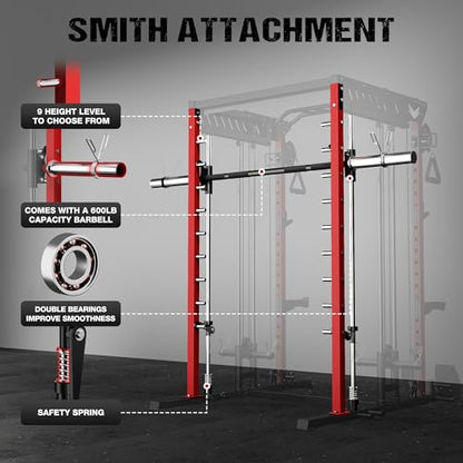 JELENS M21 Smith Machine, Multi-Function Power Cage with Dual Pulley Cable Crossover System, 2000LBS All-in-One Squat Rack with Smith Bar and Attachments - color: Red, size: M21 Smith Machine