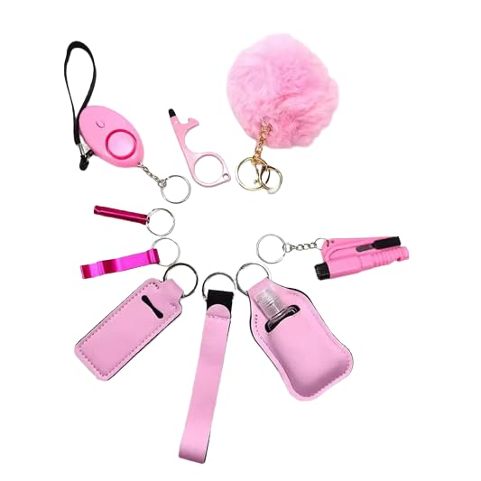 Personal Safety Keychain Set with Alarm, Pom Pom, Holder Pouch, 8-Piece Kit, Available in Pink, Purple, Sunflower Pattern - color: Pink