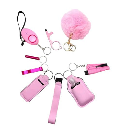 Personal Safety Keychain Set with Alarm, Pom Pom, Holder Pouch, 8-Piece Kit, Available in Pink, Purple, Sunflower Pattern - color: Pink
