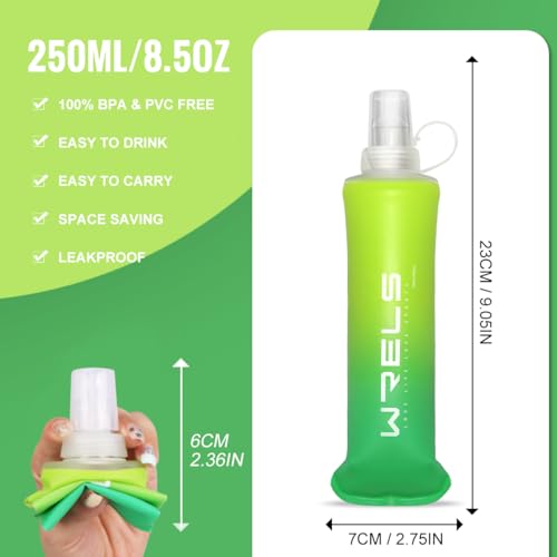 WRELS TPU Soft Flask Lightweight Portable Reusable Water Bottle,BPA Free Collapsible Flask for Hydration Pack in Running Hiking Cycling and Marathon - color: Mix Green-250ml *2