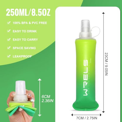 WRELS TPU Soft Flask Lightweight Portable Reusable Water Bottle,BPA Free Collapsible Flask for Hydration Pack in Running Hiking Cycling and Marathon - color: Mix Green-250ml *2