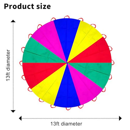 Parachute 13ft/ 16.4ft/ 20ft - Kids Play Gymnastics Parachute with Handles for Group Team Cooperative Games,Indoor Outdoor Gym Class Rainbow Parachute Birthday Church VBS Activity Supplies - size: 13ft