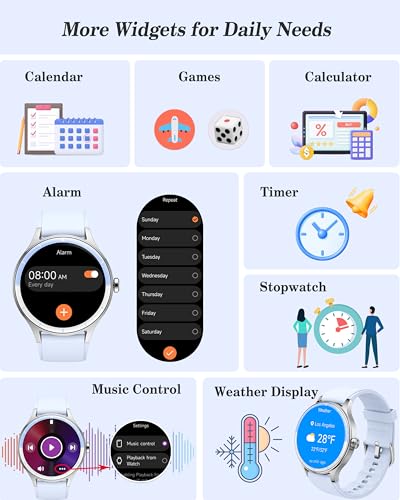 Smart Watch for Women, Ladies & Men, 1.27'' Fitness Watch [41mm case] with Call Receive/Dial, Heart Rate/Stress/Sleep Monitor, AI Voice, IP68 Waterproof Smartwatch with Calculator, Calendar, Games - color: Moonlit White-Blue