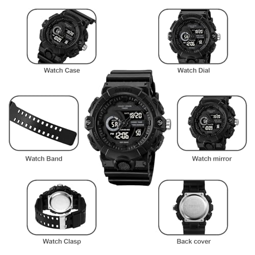 FANMIS Men's Analog Digital Sports Watch 50M LED Backlight Military Watch - color: Black