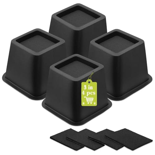 4 Pack Furniture Risers 3 Inch, Bed Risers Heavy Duty for Table Desk Couch Chair Sofa Cabinet Bed Frame Dorm, Square Table Leg Risers Lift Height 3", Black - color: Black 4 Pack, size: 3 Inch