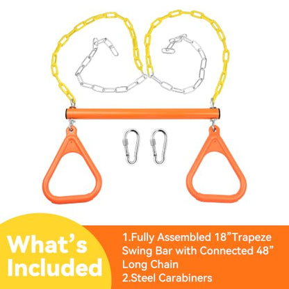 18" Trapeze Swing Bar Rings 48" Heavy Duty Chain Swing Set Accessories & Locking Carabiners… (Orange) - color: Orange