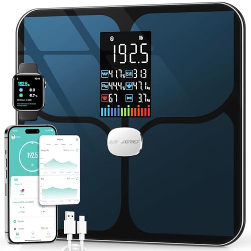 ABLEGRID Rechargeable Digital Bathroom Scale for Body Weight, Smart Scale Tracks 22 Metrics Including Body Fat, BMI, Muscle Mass, Heart Rate, Baby Mode, Large Color Display, 400 lbs - color: Black