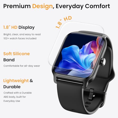 Fitpolo Smart Watches for Men Android & iPhone, Alexa Built-in [1.8" HD Screen] IP68 Waterproof Fitness Watch with Bluetooth Call (Answer/Make), Heart Rate/Sleep/SpO2 Monitor, 105+ Sports Tracker - color: Black