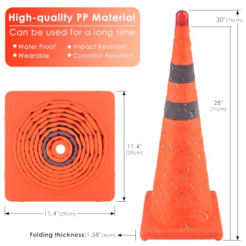 ERKOON 4 Pack 28 inch Collapsible Traffic Cones with Bag, Safety Cones with 4 LED Safety Road Parking Cones Driving Construction Cones Fluorescent Orange Pop Up Reflective Safety Traffic Cones - size: 28inch