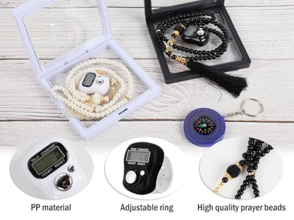 Islamic Tasbih Prayer Beads & Digital Tasbeeh Counter Set, 2 Pieces Elegant Beads with LCD Finger Counter, Elegant Islamic Gift for Dhikr Meditation Ramadan & Eid (Black, White)
