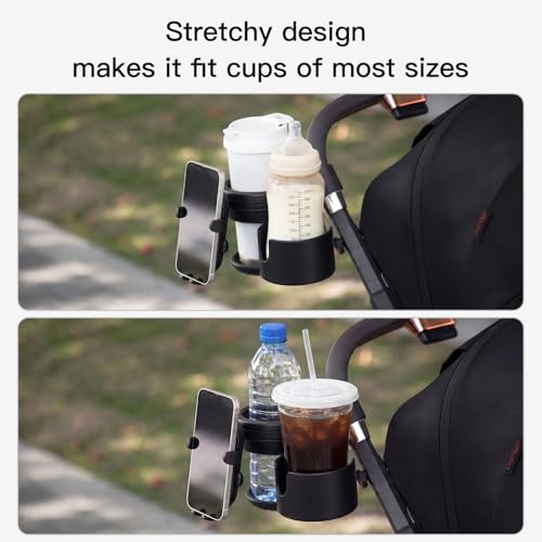 Gromast Universal Stroller Cup Holder with Phone Holder, 3-in-1 Detachable Drink Holder 360° Rotatable, Adjustable Cup Holder for Baby Stroller, Tricycle - Black - color: Black-4-in-1