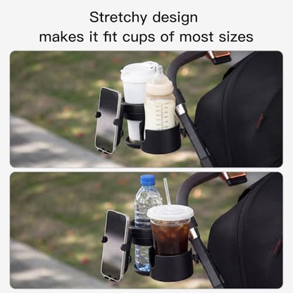 Gromast Universal Stroller Cup Holder with Phone Holder, 3-in-1 Detachable Drink Holder 360° Rotatable, Adjustable Cup Holder for Baby Stroller, Tricycle - Black - color: Black-4-in-1