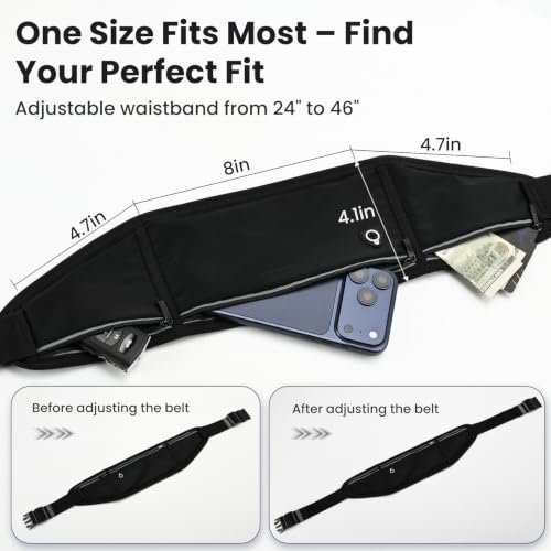 Slim Running Belt Fanny Pack for Men and Women – No-Bounce Waist Pack for Phone, Fits iPhone 17 Pro Max, Sweatproof 3-Pocket Pouch for Runners, Gym, Hiking (Black) - color: Black