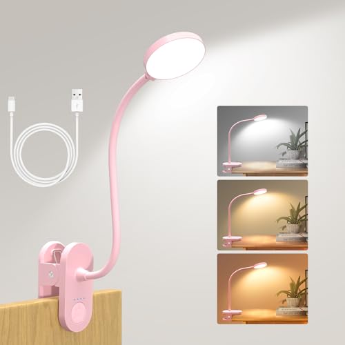 Rechargeable Clip on Light for Bed, Cute LED Reading Lamp for Girls Dorm Room, Portable Book Light with Clamp on Headboard Bedside Table, Flexible Lamp with 3 Color Temp & 10 Brightness (Pink/3.5'') - color: Pink, size: 3.5''