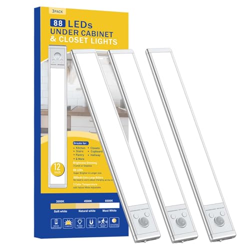 Under Cabinet Lights Rechargeable, 88 Led Motion Sensor Indoor Lights 3 Color Temps, 1800mah Closet Lights Wireless，Dimmable Under Cabinet Lighting for Kitchen, Wardrobe, Hallway(3 Pack) - size: 3 Pack-12 Inch