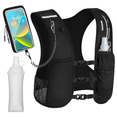 MOKURA Running Vest for Women Men with 500ML Soft Flask & Phone Holder - color: Black, size: Large