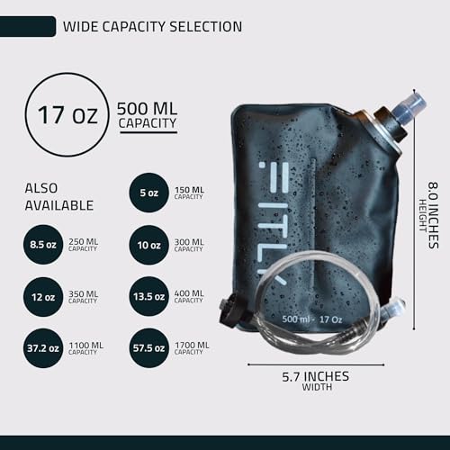 FITLY Soft Flask 17 oz 500ml (2 Pack), Collapsible Running Water Bottles for Hydration Pack and Running Vest, BPA Free Soft Water Bottles with Bite Valve for Hiking, Cycling & Skiing - Black & Blue