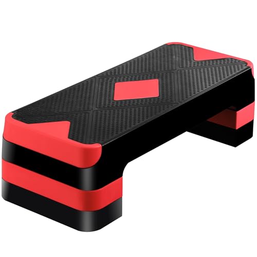 Non-Slip 27 Inch Aerobic Exercise Step Platform 4"-6"-8" Height Adjustable Risers for Home Gym Cardio Training Fitness Workout Stepper Trainer - color: Red