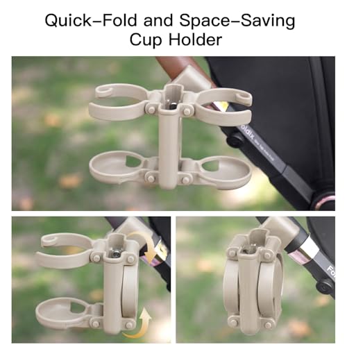 Gromast 3 in 1 Foldable Stroller Cup Holder with Phone Holder, 360° Rotatable Bottle Holder, Universal Cup Holder for Baby Stroller, Tricycle - Khaki - color: Khaki-3-in-1