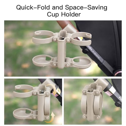 Gromast 3 in 1 Foldable Stroller Cup Holder with Phone Holder, 360° Rotatable Bottle Holder, Universal Cup Holder for Baby Stroller, Tricycle - Khaki - color: Khaki-3-in-1