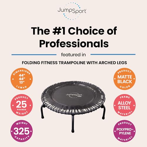 JumpSport 550 Workout Rebounder for Adults, 44" | PRO CE | Mini Exercise Fitness Trampoline Jumper with Cables | Black - color: Matte Black, style: Foldable Frame / Skirt Mat